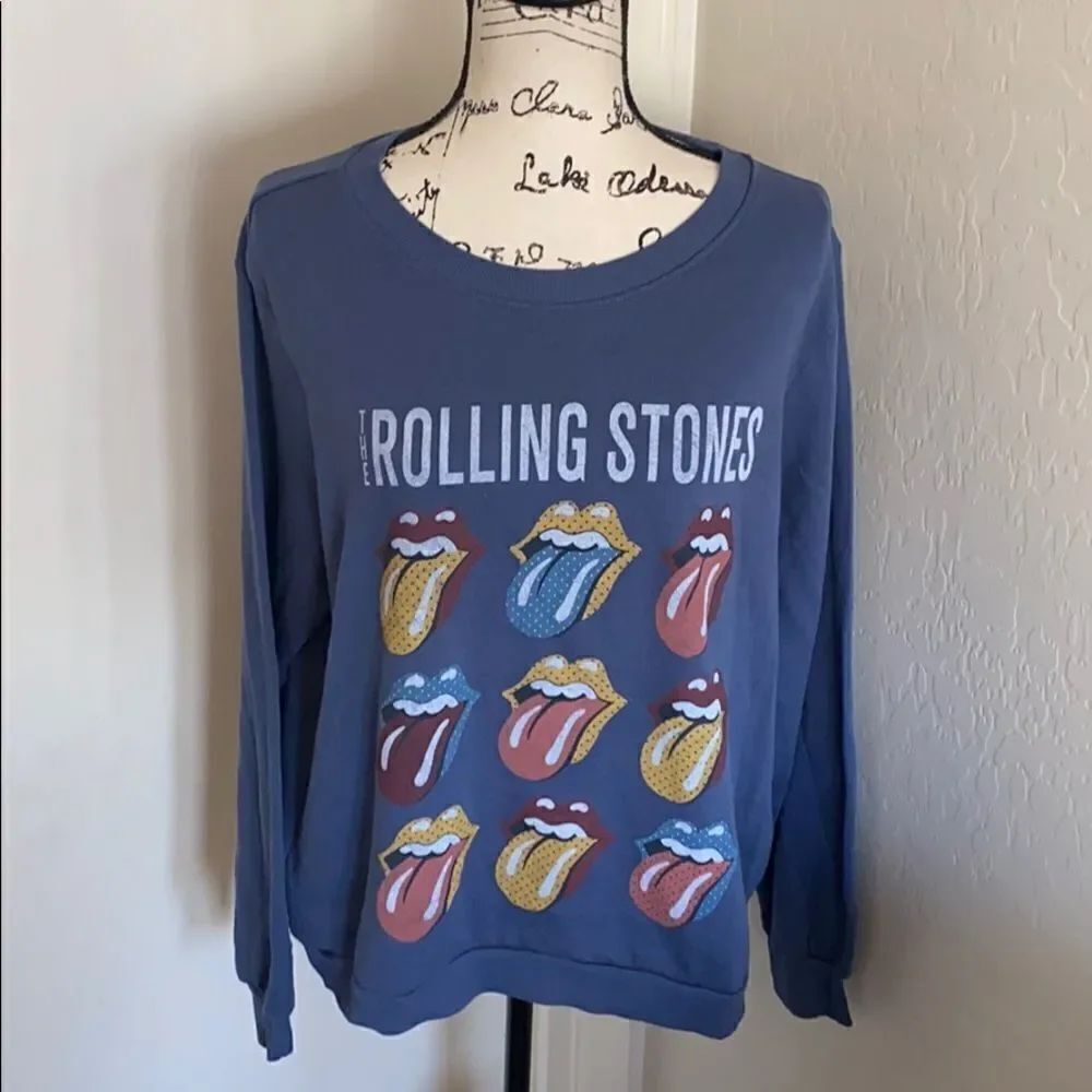 The Rolling Stones Blue Lip Print Graphic Pullover Lightweight Sweatshirt